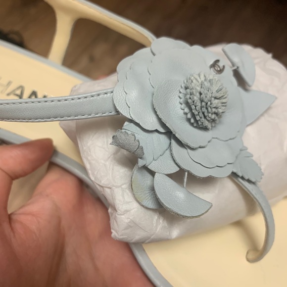 Chanel Blue Leather Camellia Sandals - Picture 2 of 4